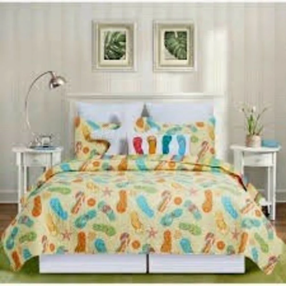 C & F Quilt Set Full/Queen Multicolor Coastal Flip Flop Beach W/Matching Shams